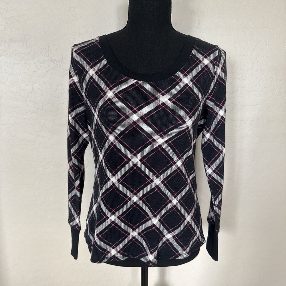 Victoria's Secret Black and Pink Plaid Long Sleeve Top